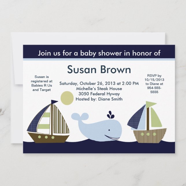 Inbjudan till sjöbåt/Whale Baby Shower (Framsida)