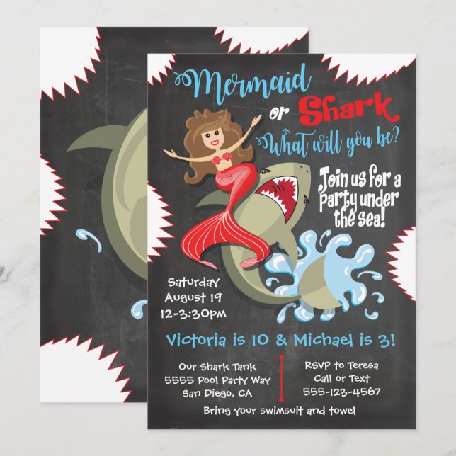 Inbjudan till sjöjungfru- eller Shark Birthday-Bas (Fram/baksida)