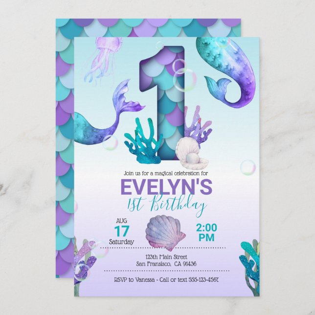 Inbjudan till sjöjungfru med Sjöjungfru Svan (Fram/baksida)