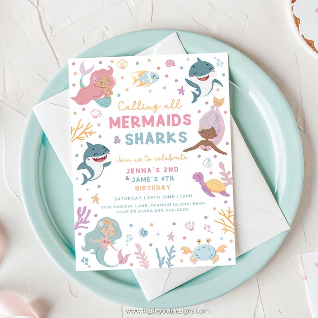 Inbjudan till sjöjungfru och hajfödelsedag (Mermaid and Shark Birthday Invitation)