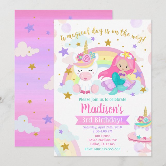 Inbjudan till Sjöjungfru och Unicorn Magic Birthda (Fram/baksida)