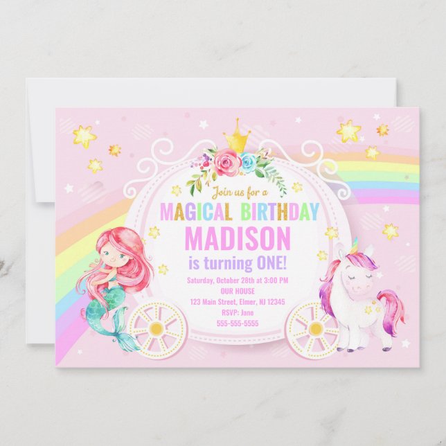 Inbjudan till Sjöjungfru och Unicorn Magic Birthda (Framsida)