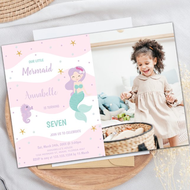 Inbjudan till Sjöjungfru på 7:e-födelsedagen med f (Seven Mermaid Birthday Invitations with photo)