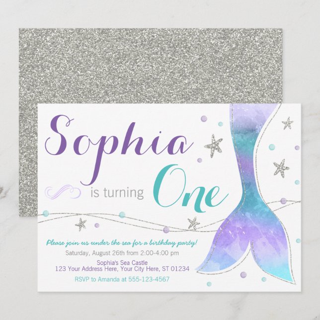 Inbjudan till sjöjungfru på födelsedag | Under hav (Fram/baksida)