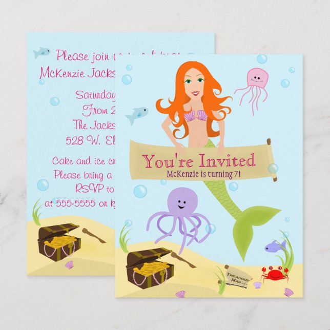 Inbjudan till Sjöjungfru-part (Fram/baksida)