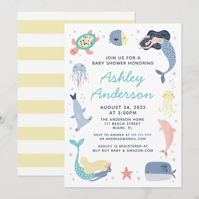 Inbjudan till sjöjungfru Sea Animals Baby Shower (Fram/baksida)