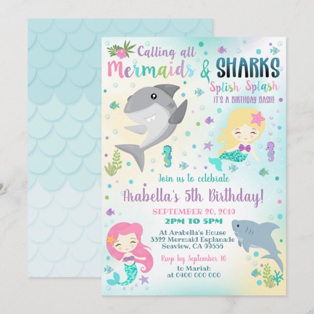 Inbjudan till sjöjungfru Shark Boy Girl (Fram/baksida)