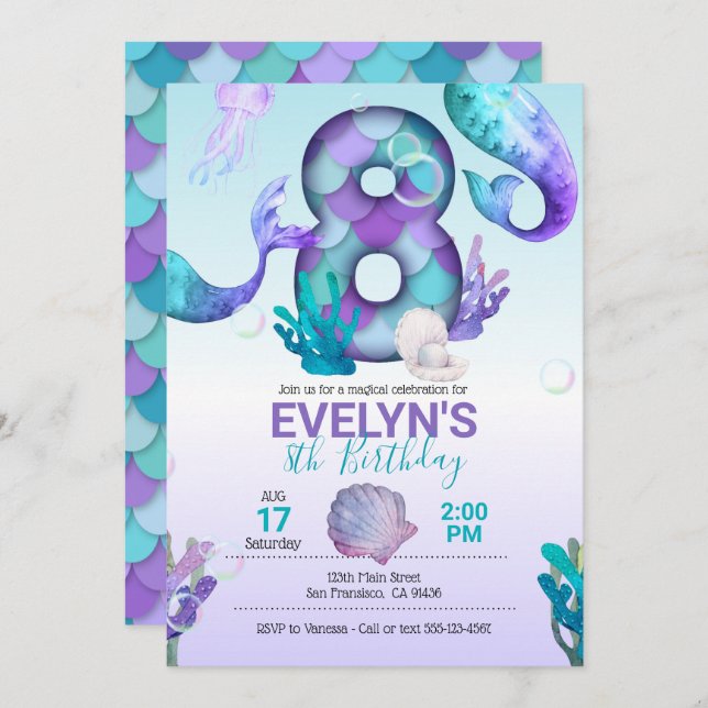 Inbjudan till sjöjungfru Svan Sjöjungfru för 8:e f (Fram/baksida)