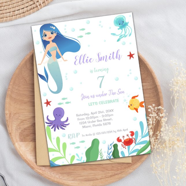 Inbjudan till Sjöjungfrun 7:e på födelsedagen (7th Mermaid Birthday Invitations)