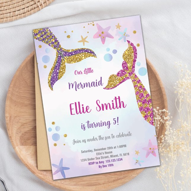 Inbjudan till Sjöjungfrun Guld Glitter (Gold Glitter Mermaid Invitation)
