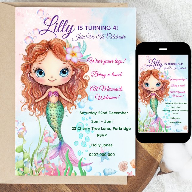 Inbjudan till sjöjungfrun på födelsedagen - Person (Personalized Watercolor Mermaid Birthday Invitation | Editable Text | Digital or Printed | Coloring )