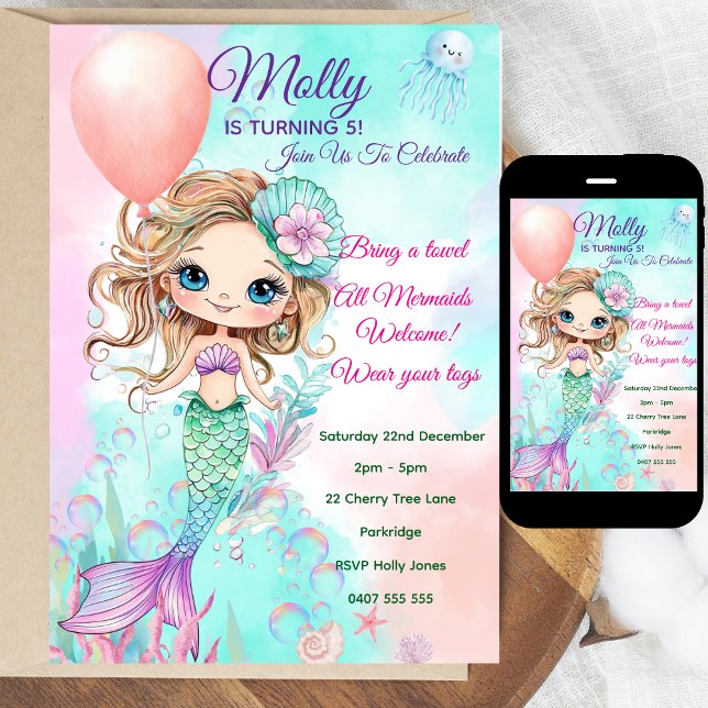 Inbjudan till sjöjungfrun på födelsedagen - Person (Personalized Watercolor Mermaid Birthday Invitation | Editable Text | Digital or Printed | Coloring )