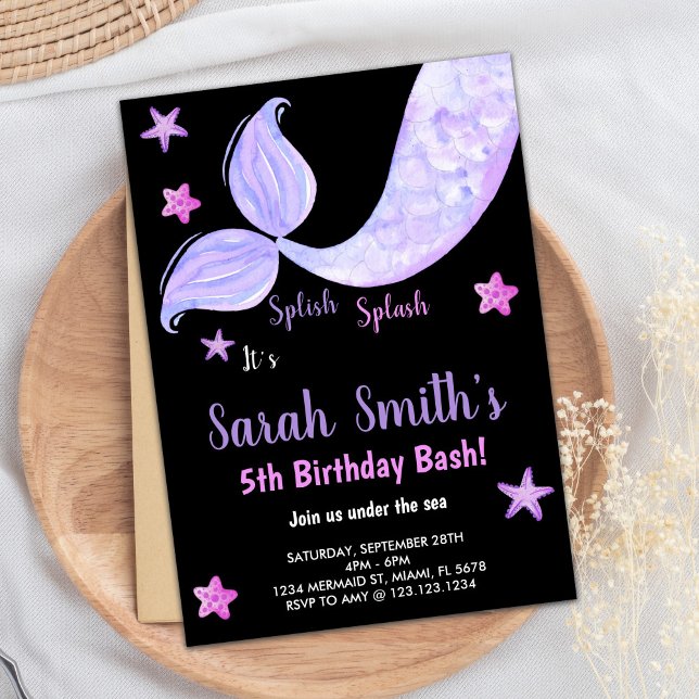 Inbjudan till sjöss under femte Sjöjungfrun (5th Mermaid Birthday Invitations under the sea)