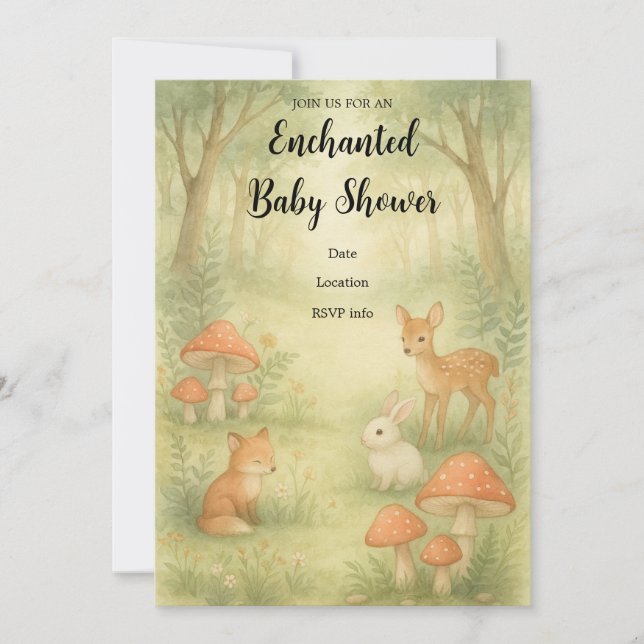 Inbjudan till Skalad Toadstool Forest Baby Shower (Framsida)