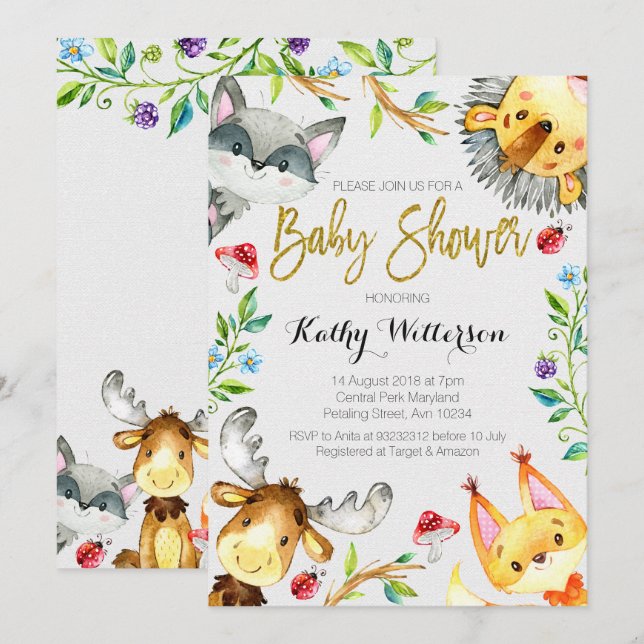 Inbjudan till skogsdjur baby shower (Fram/baksida)