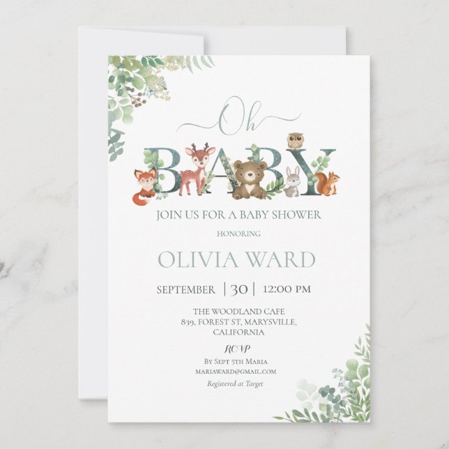Inbjudan till skogslandskuvret Greenery Baby Showe (Framsida)