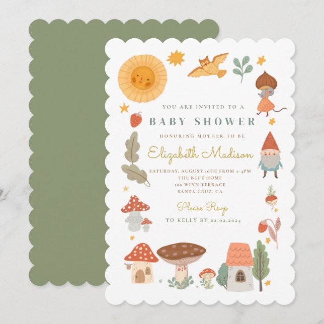 Inbjudan till skogsvamp i skogshuset Baby Shower (Fram/baksida)