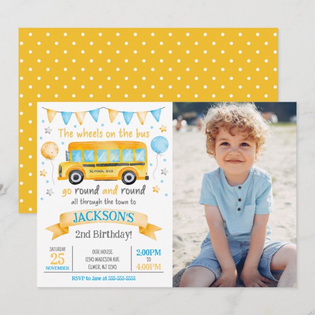 Inbjudan till skolbussens 2-års födelsedagsfoto (Fram/baksida)