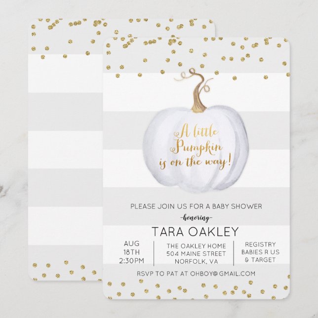 Inbjudan till småskalig Pumpkin Glitter Baby Showe (Fram/baksida)