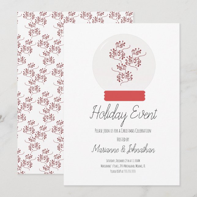 Inbjudan till Snö Globe-julen Party Berry Sprigs (Fram/baksida)