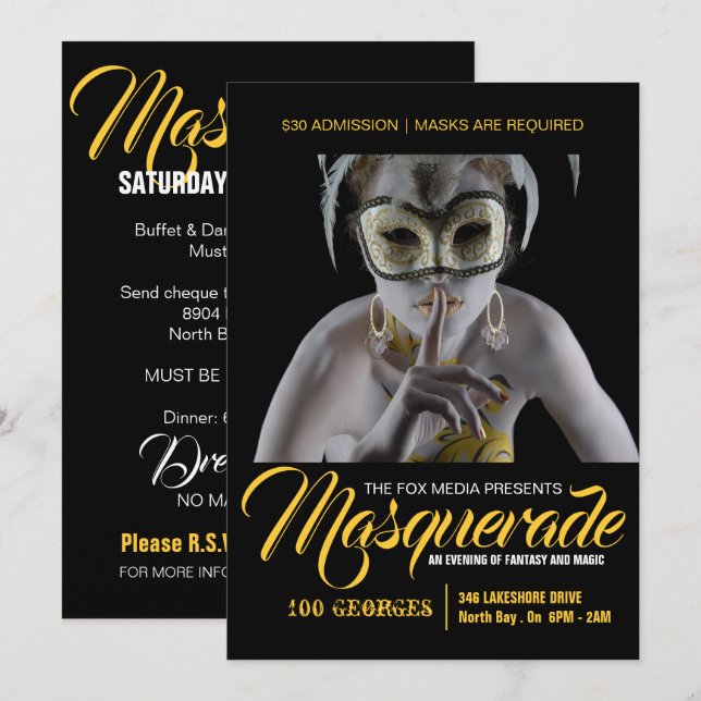 Inbjudan till snyggt Masquerapart (Fram/baksida)