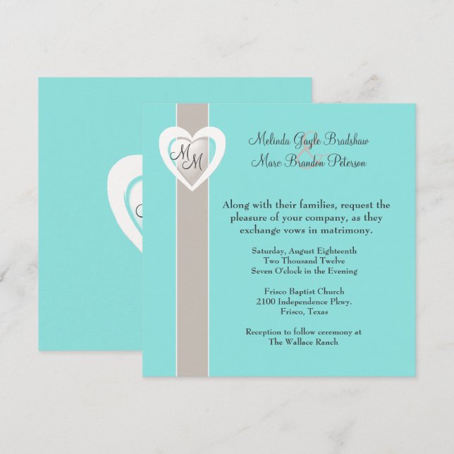 Inbjudan till snyggt Taupe och Aqua Blue Wedding (Fram/baksida)