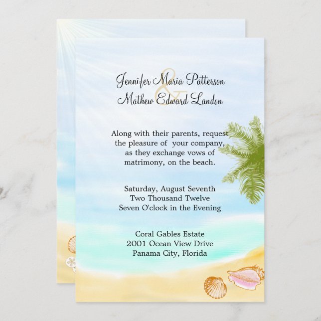 Inbjudan till snyggt Tropical Beach Wedding (Fram/baksida)