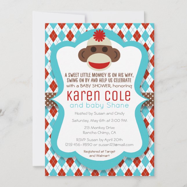 Inbjudan till sock monkey Boy Baby Shower (Framsida)