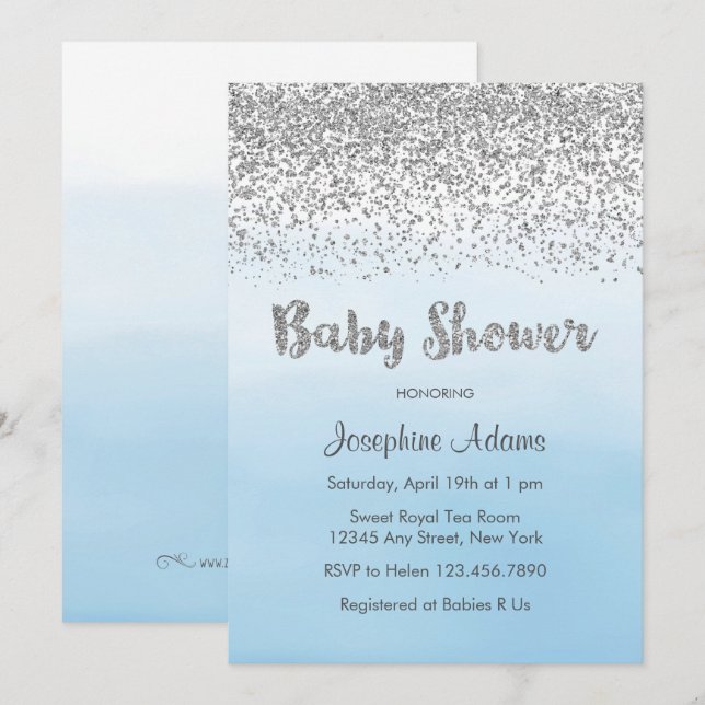 Inbjudan till Soft Blue- och Silver Baby Shower (Fram/baksida)