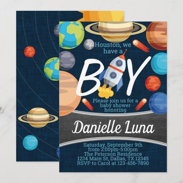 Inbjudan till Solar System Baby Shower (Fram/baksida)