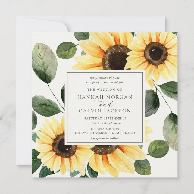 Inbjudan till solblommor och grönt bröllop (Framsida)