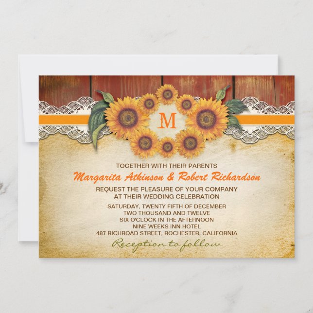 Inbjudan till solblommor Rustic Wood Wedding (Framsida)