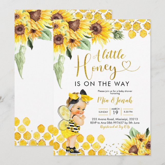 Inbjudan till Solros Blonde Bee Baby Shower (Fram/baksida)