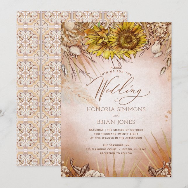 Inbjudan till Solros Boho Beauty Wedding (Fram/baksida)