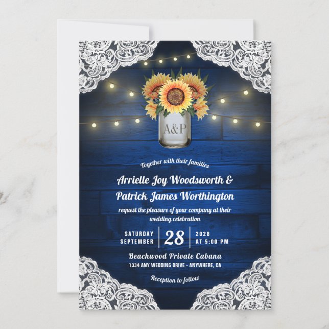 Inbjudan till solros Mason Burk Blue Wood Wedding (Framsida)