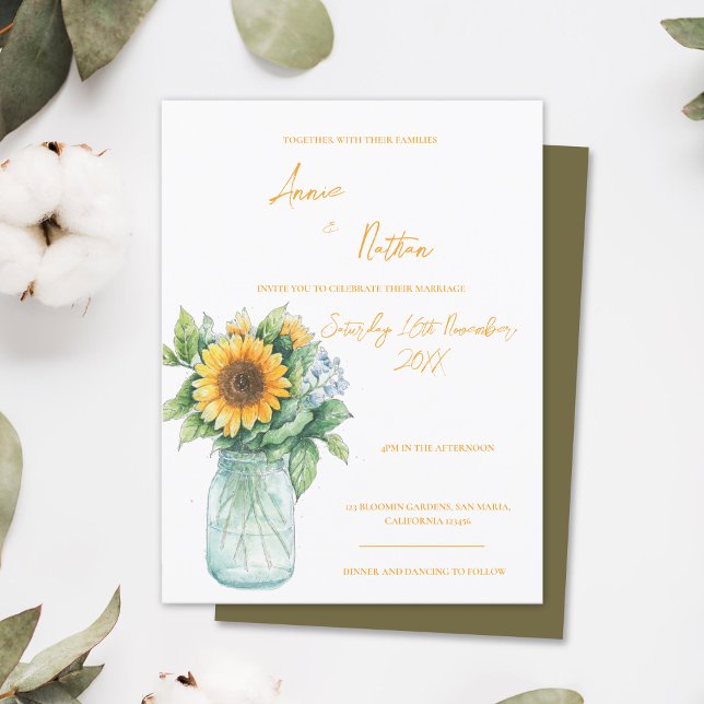 Inbjudan till solros Mason Burk Watercolor Wedding (Sunflower Mason Jar Watercolor Wedding Invitation Postcard)
