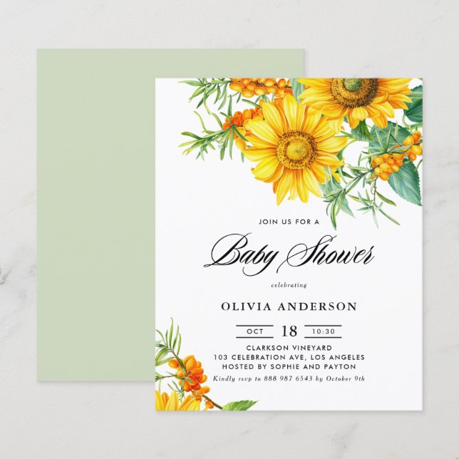 Inbjudan till Solros och Sea Buckthorn Baby Shower (Fram/baksida)