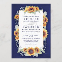 Inbjudan till solrosblommor Royal Blue Rustic Wedd