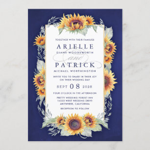 Inbjudan till solrosblommor Royal Blue Rustic Wedd