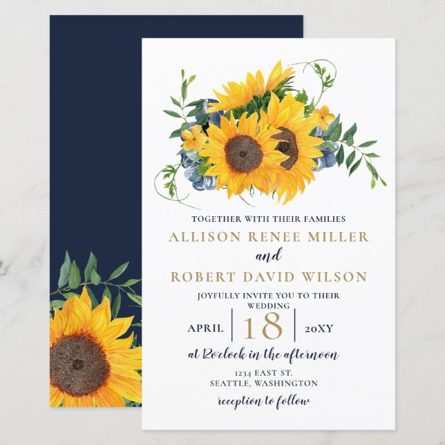 Inbjudan till solrosbröllop i budgeten (Fram/baksida)