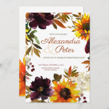 Inbjudan till solrosbröllop i Burgundy & Guld