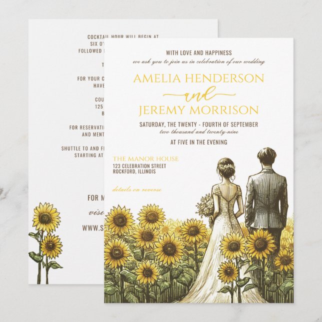Inbjudan till solrosbröllop med detaljer (Fram/baksida)