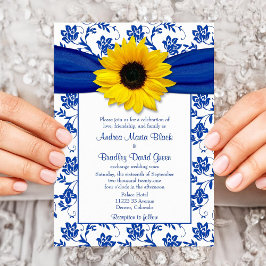 Inbjudan till solrosbröllop med royal Blue Damask