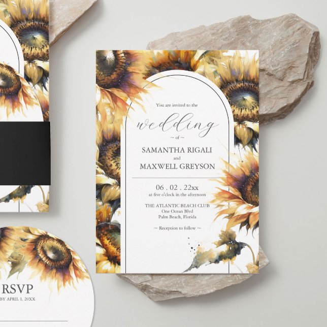 Inbjudan till solrosbröllop med vattenfärg-Gult (Stacked wedding invitations rustic watercolor sunflower design by Do Tell A Belle.)