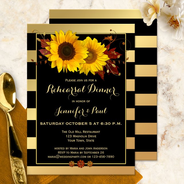 Inbjudan till solrosmiddagar i Guld-rand (Rehearsal Dinner invitation featuring sunflowers, floral swirls and autumn leaves on black and gold)