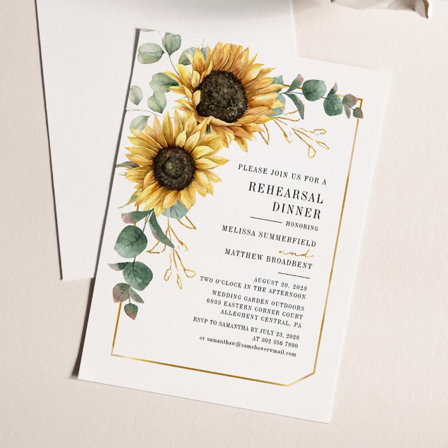 Inbjudan till solrosolja Eucalyptus Rehearsal Midd Flygblad (Sunflower Euacalyptus Floral Watercolor Wedding Rehearsal Dinner Invitation)
