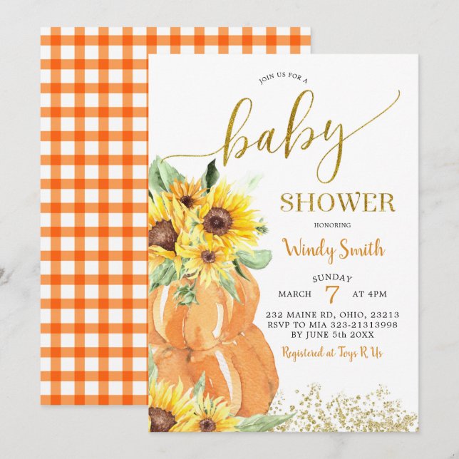Inbjudan till solrospumpkin Fall Baby Shower (Fram/baksida)