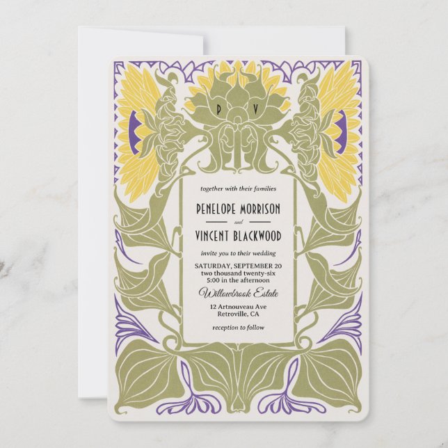 Inbjudan till sommarbröllop i art nouveau (Framsida)