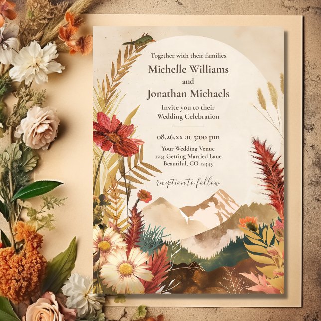 Inbjudan till söt Boho Mountain Wildblombröllop (Front - Pretty Boho Mountain Wildflower Wedding Invitation)