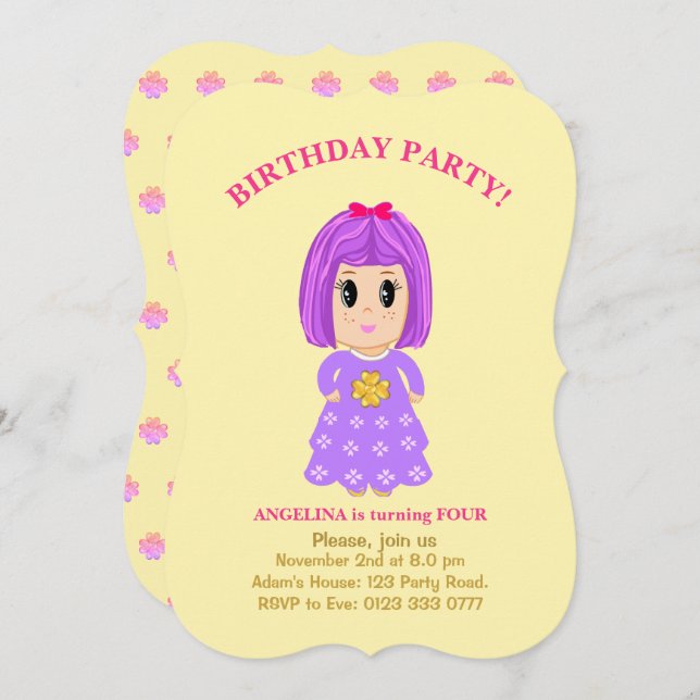 Inbjudan till söt flickas 4-årsdag (Fram/baksida)